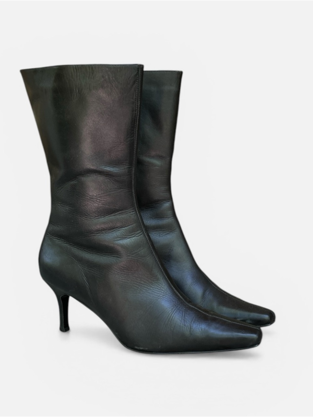 Vtg Colin Stuart Black Leather Pointed Toe Kitten Heel Ankle Boot in Blk Size 11